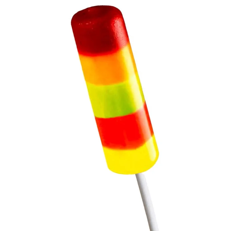 Palo de papel ecológico biodegradable para piruletas o helados, diseño vibrante multicolor: rojo, naranja, verde y amarillo.